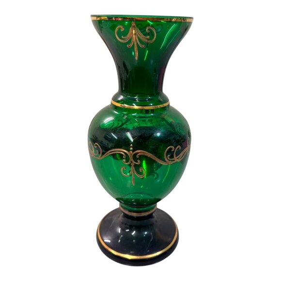 Vtg Bohemian Art Glass Vase Emerald Green Heavy Gold Gilt Raised Flower Painting - Picture 6 of 8